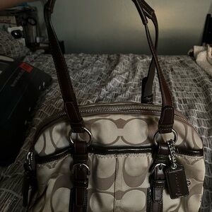 Coach Brown and Tan Shoulder Bag with Monogram Pattern